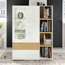 Now! Vision By Hülsta Kombination 7 140x105x42 Lack-weiß/Natureiche/Lack-Hochglanz-weiß